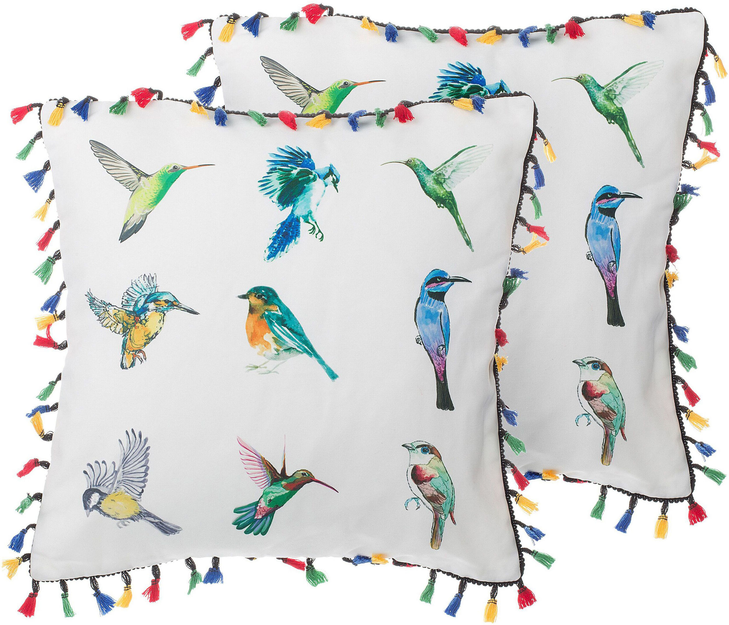 Beliani Conjunto de 2 almofadas decorativas branca de poliéster 45 x 45 cm com estampado de aves e borlas coloridas