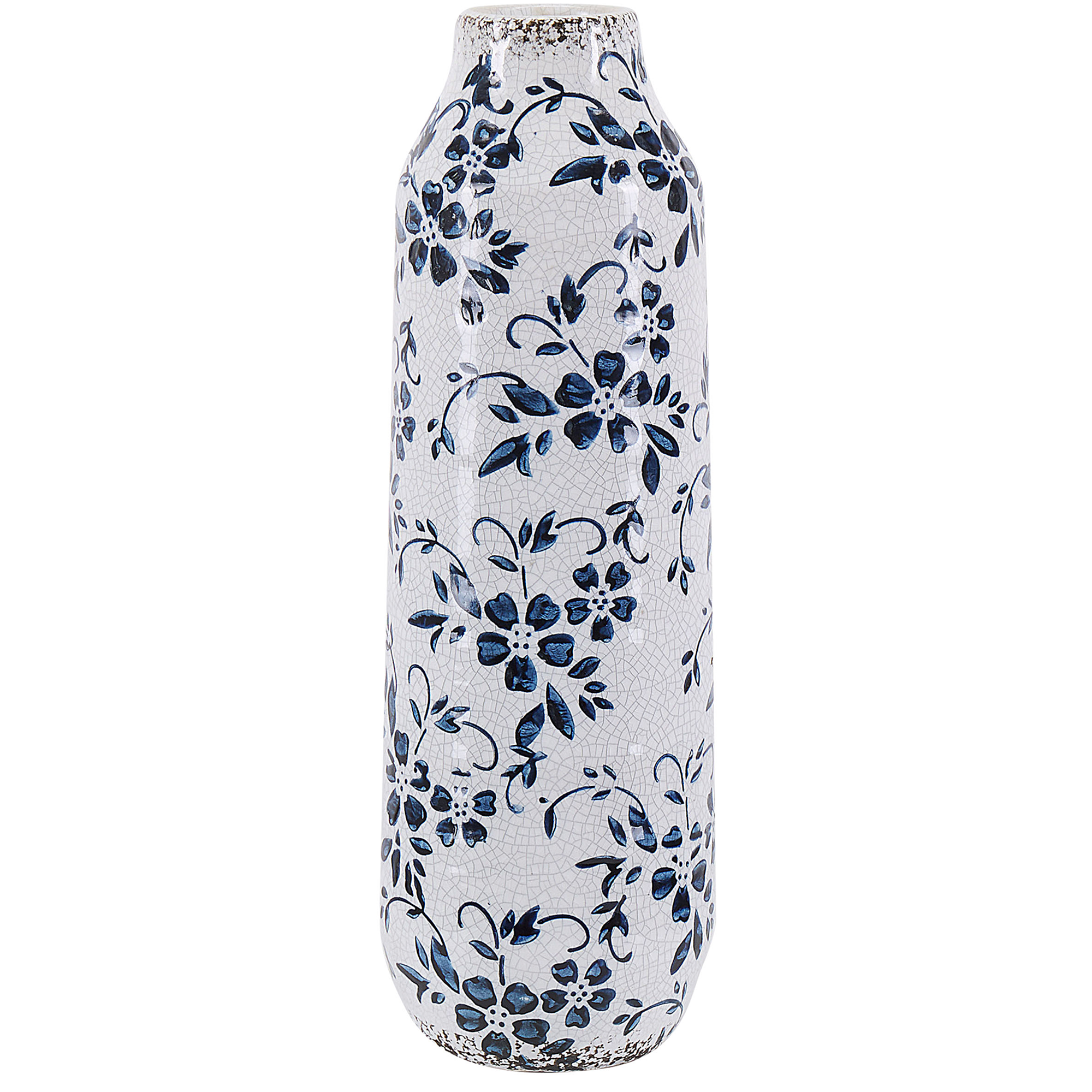 Beliani Vaso decorativo alto em cerâmica azul e branca 30 cm padrão floral aspeto desgastado impermeável