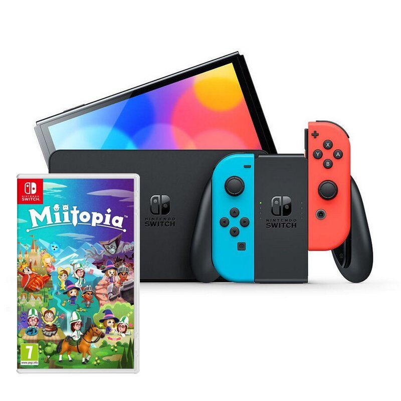 Nintendo pack switch oled azul néon/vermelho néon + miitopia