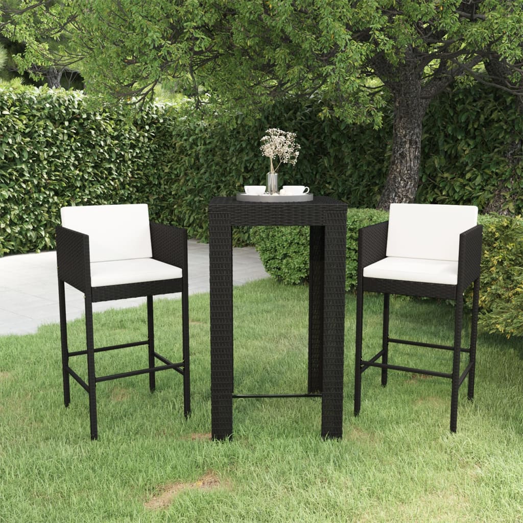 vidaXL 3 pcs conjunto de bar para jardim com almofadões vime PE preto