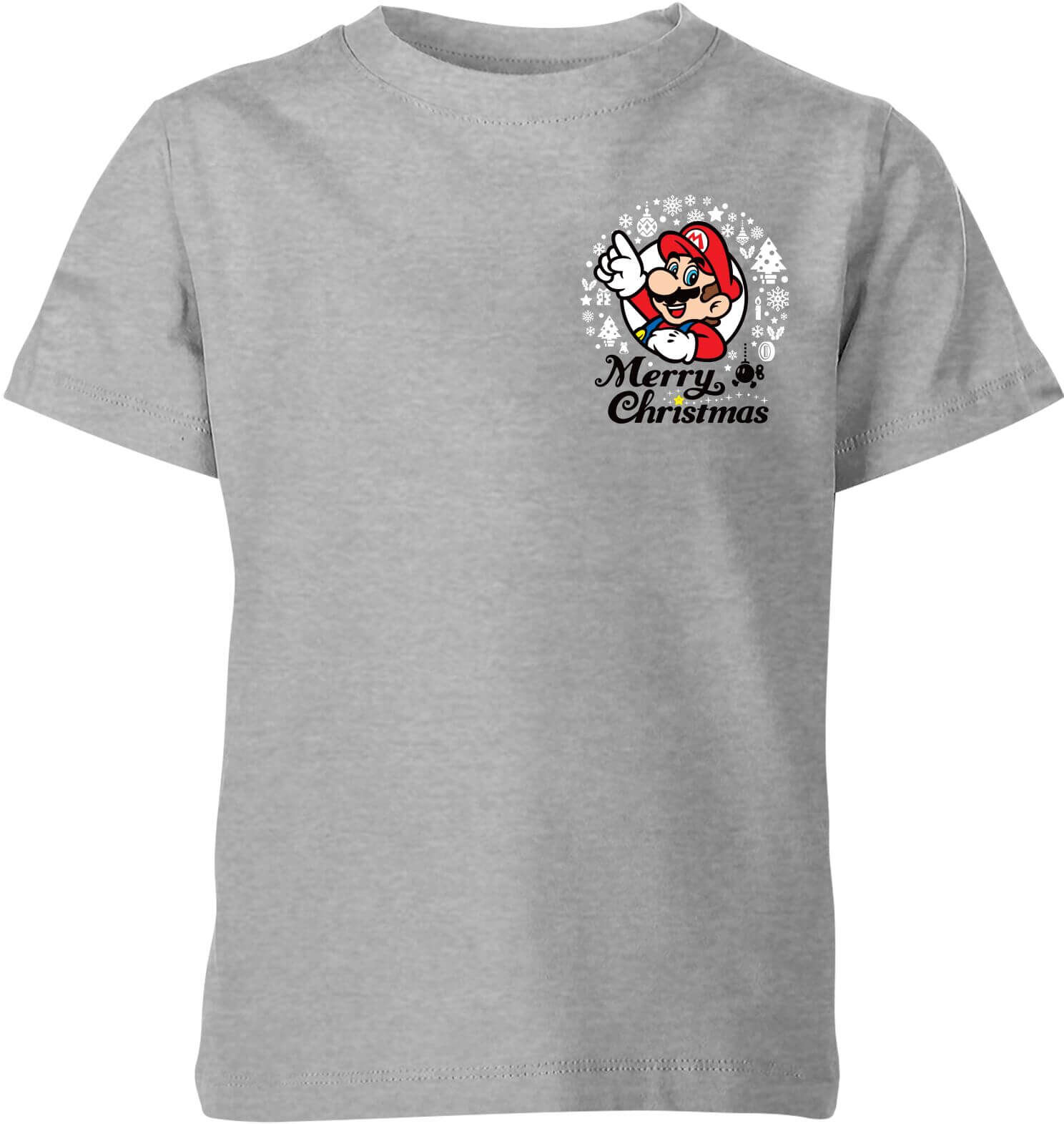 Nintendo Super Mario Mario Merry Christmas Pocket Wreath Kid's T-Shirt - Grey - 7-8 Years - Grey