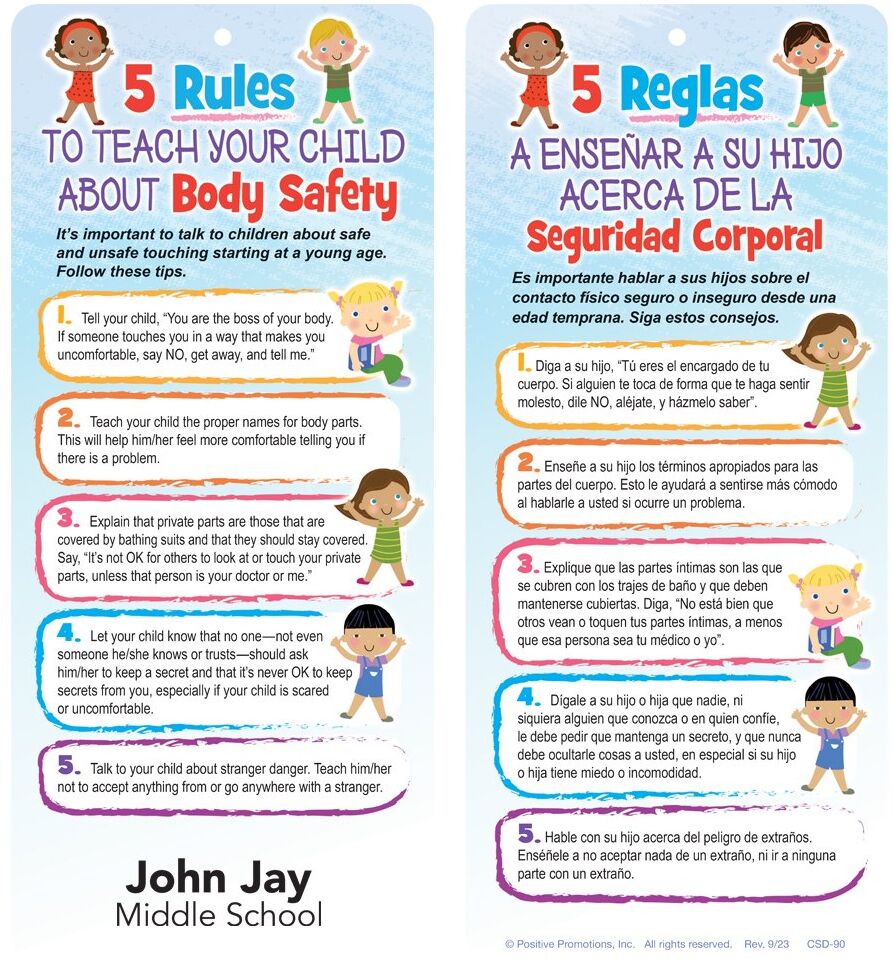 Positive Promotions 200 5 Rules To Teach Your Child About Body Safety Two-Sided English/Spanish Glancers - One-Color Personalization Available