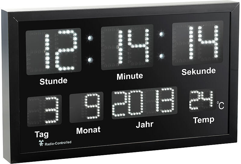 Lunartec LED-Funk-Tisch- und Wanduhr mit Datum und Temperatur, 412 weiße LEDs