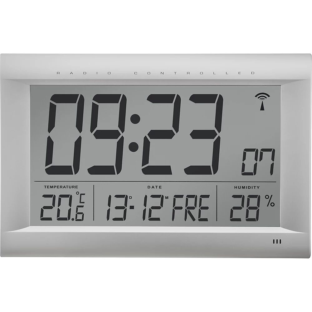kaiserkraft Reloj de pared LCD con radio-control, H x A x P 265 x 415 x 45 mm, plata mate