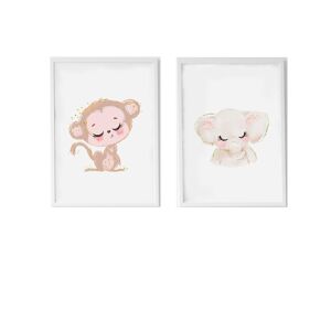 Crochetts Pack encadre bois blanc impression le singe et elephant 43X33 cm