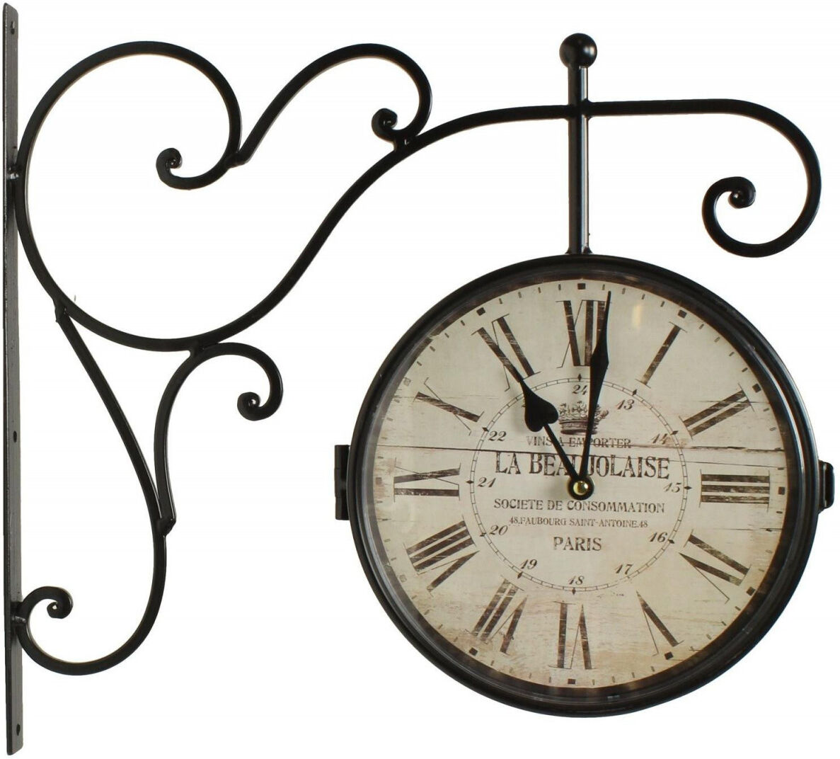 Décoration d'Autrefois Horloge De Gare Ancienne Double Face La Beaujolaise 24cm - Fer Forgé - Blanc