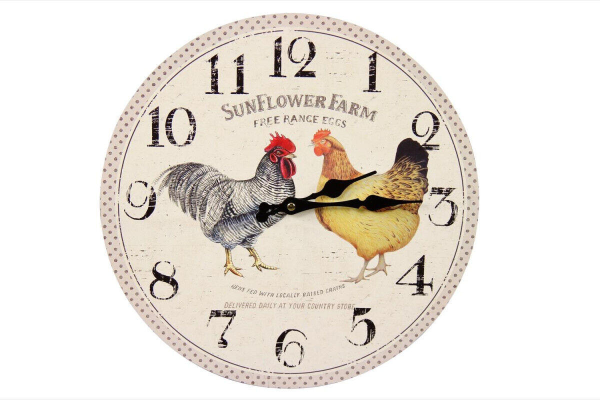 Décoration d'fois Horloge Ancienne Murale Coq et Poule 34cm - Bois - Blanc