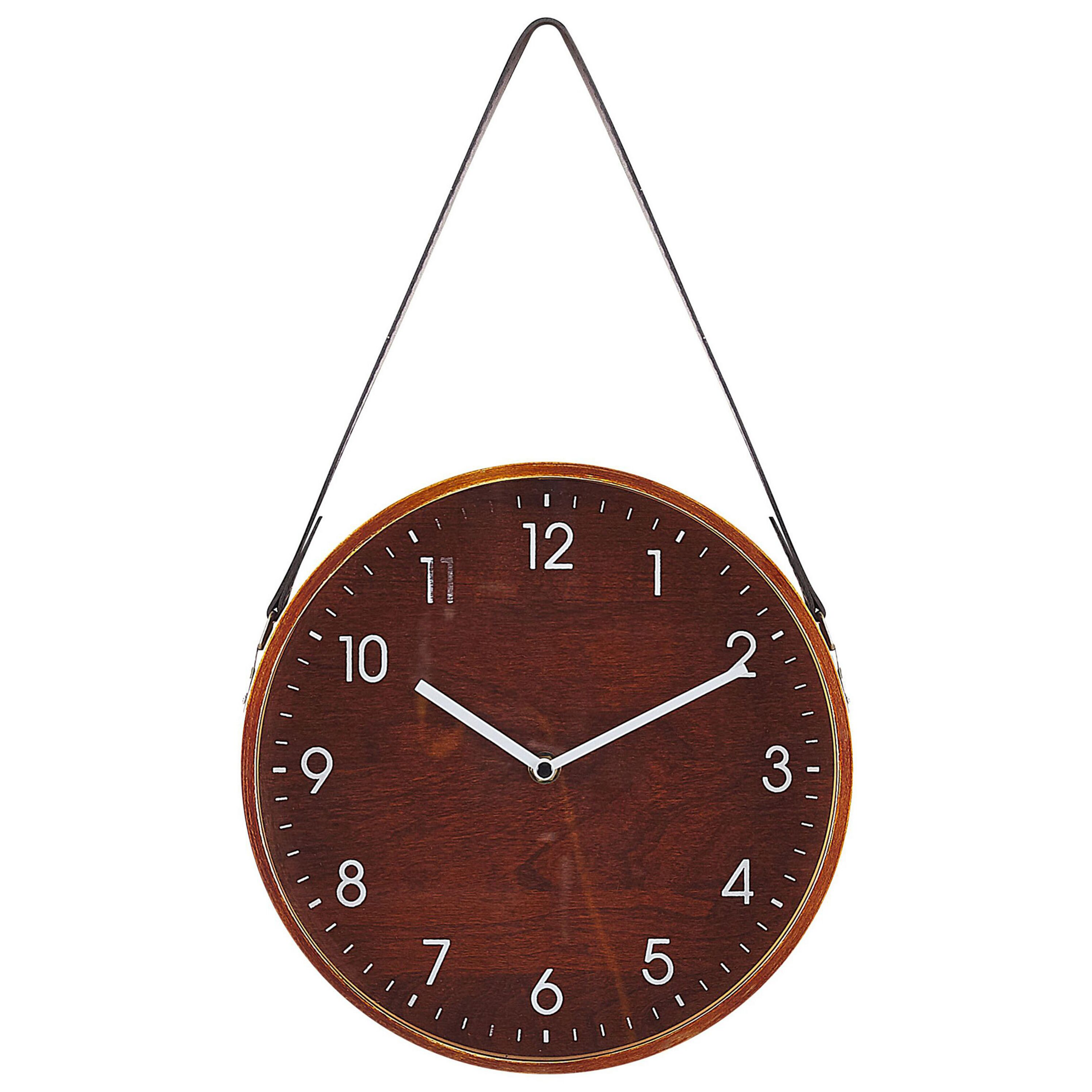 Beliani Wall Clock Brown MDF Faux Leather Vintage Design Round 26 cm