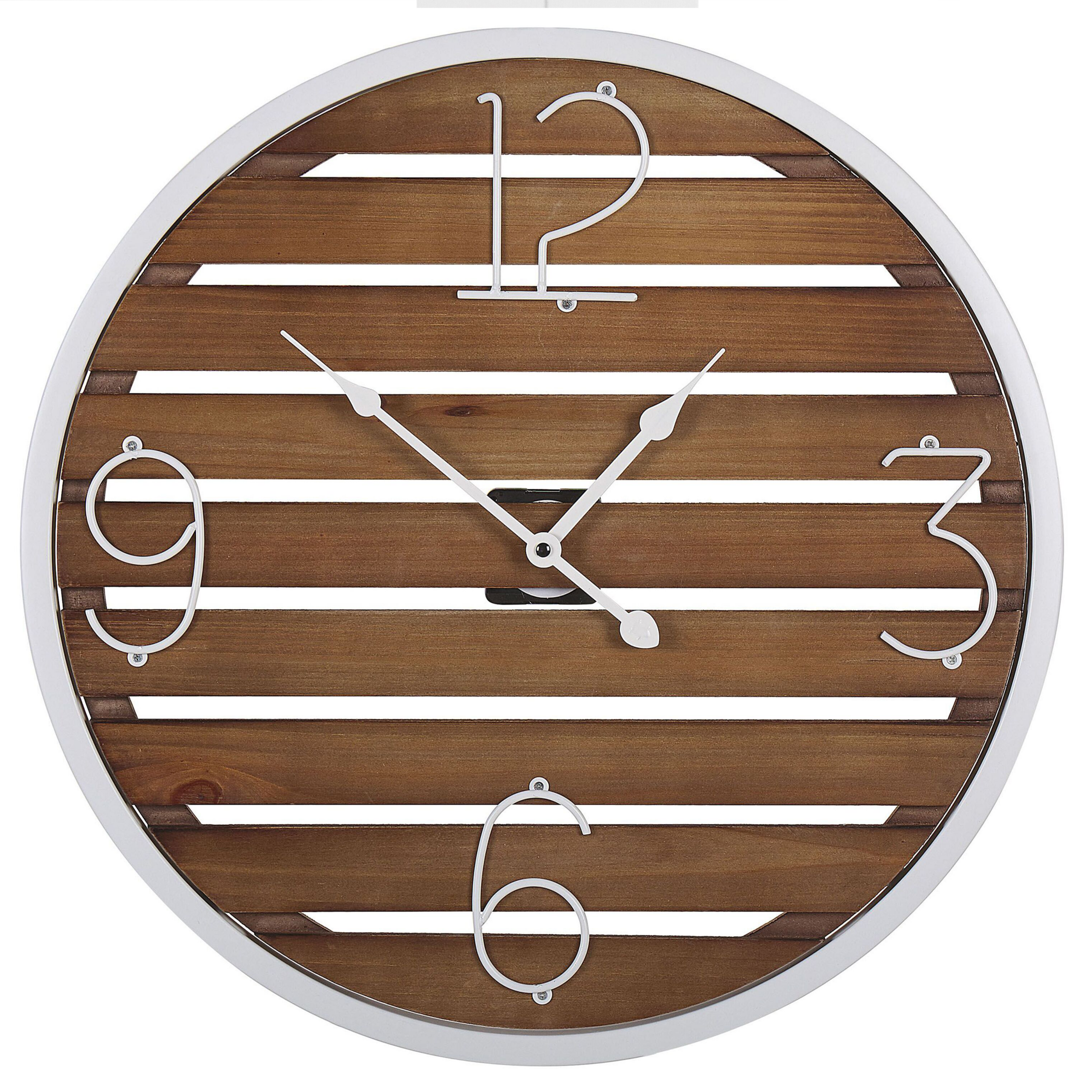 Beliani Wall Clock Dark Wood Round ø 50 cm Handmade Slatted Face White Metal Frame