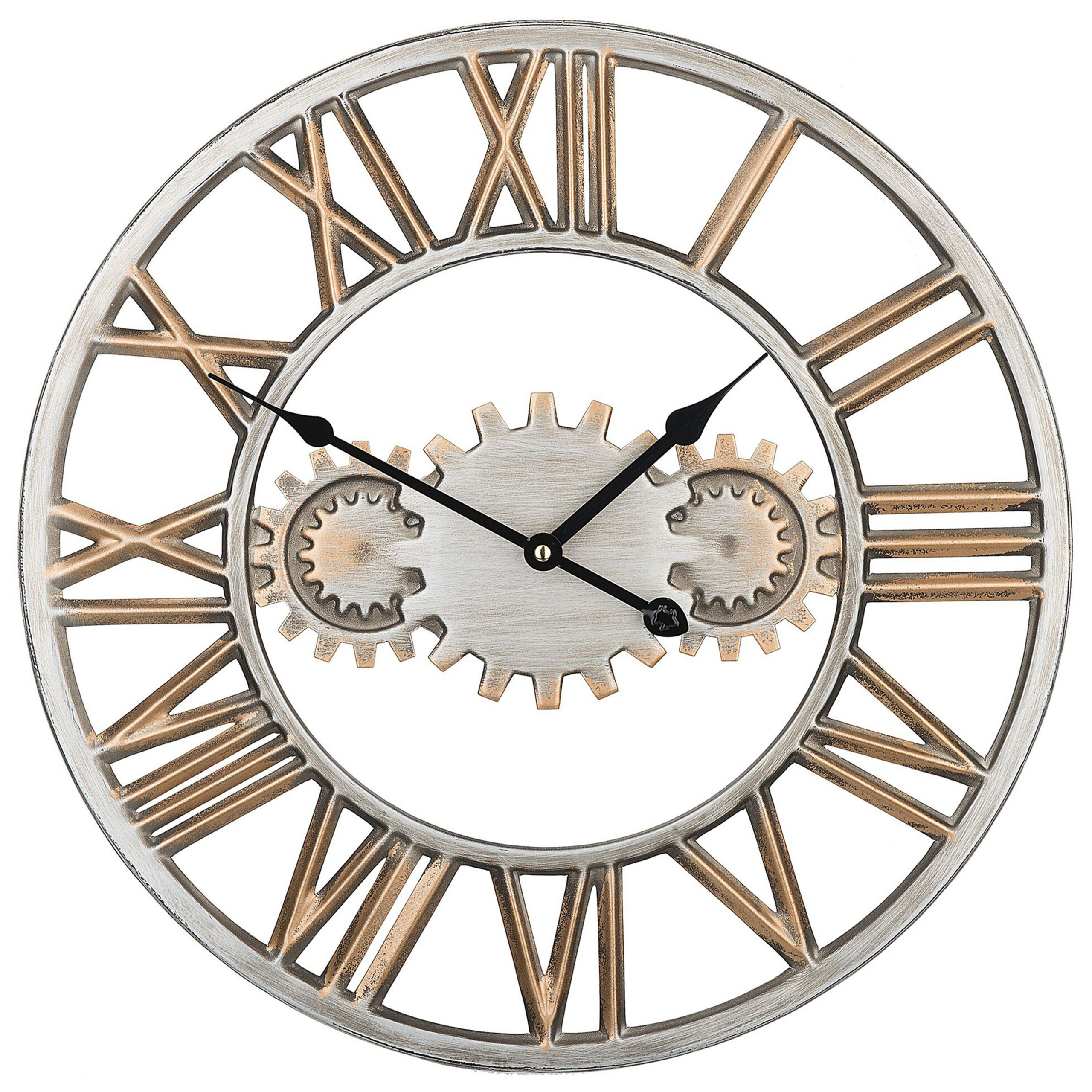 Beliani Wall Clock Silver Distressed Iron Frame Industrial Design Gears Roman Numerals Round 46 cm