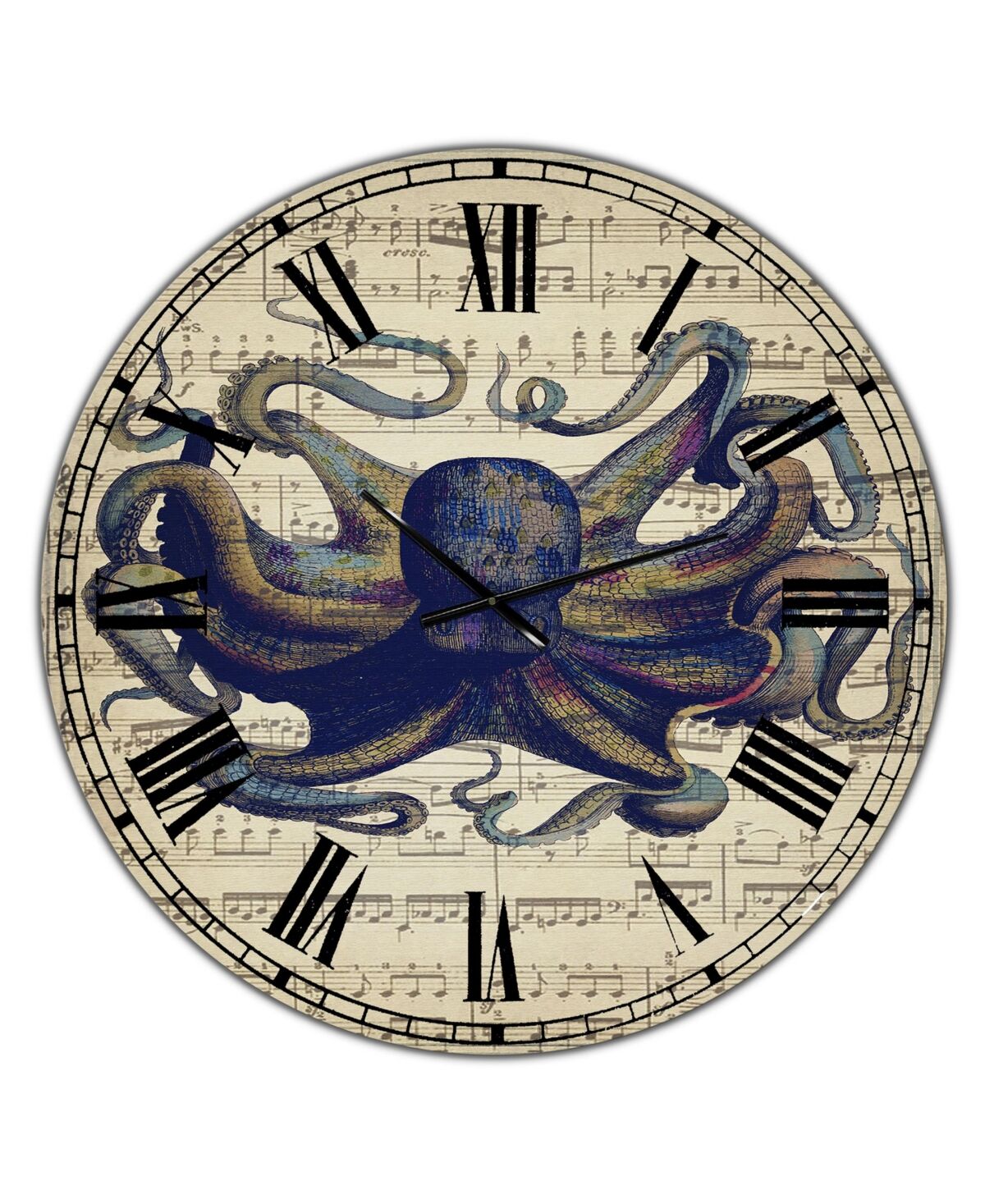 Designart Octopus Music Score I Oversized Nautical & Coastal Wall Clock - 36 x 36 - Blue
