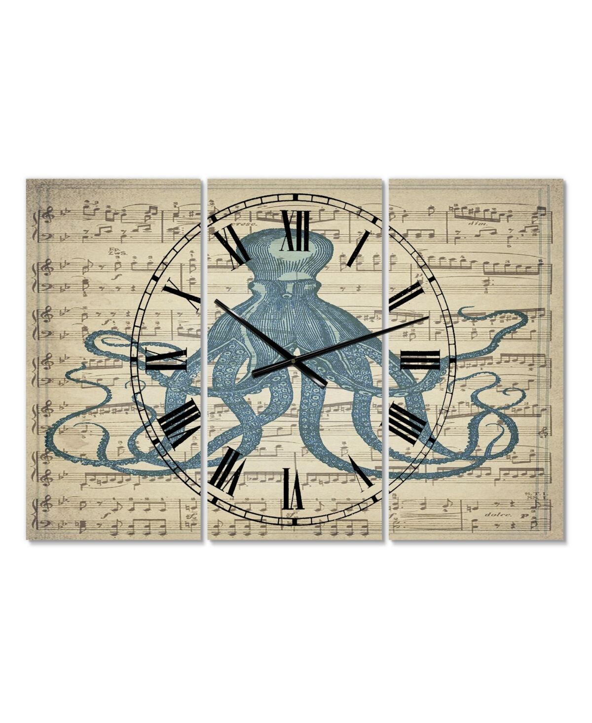 Designart Octopus Music Score Ii Large Nautical & Coastal 3 Panels Wall Clock - 23