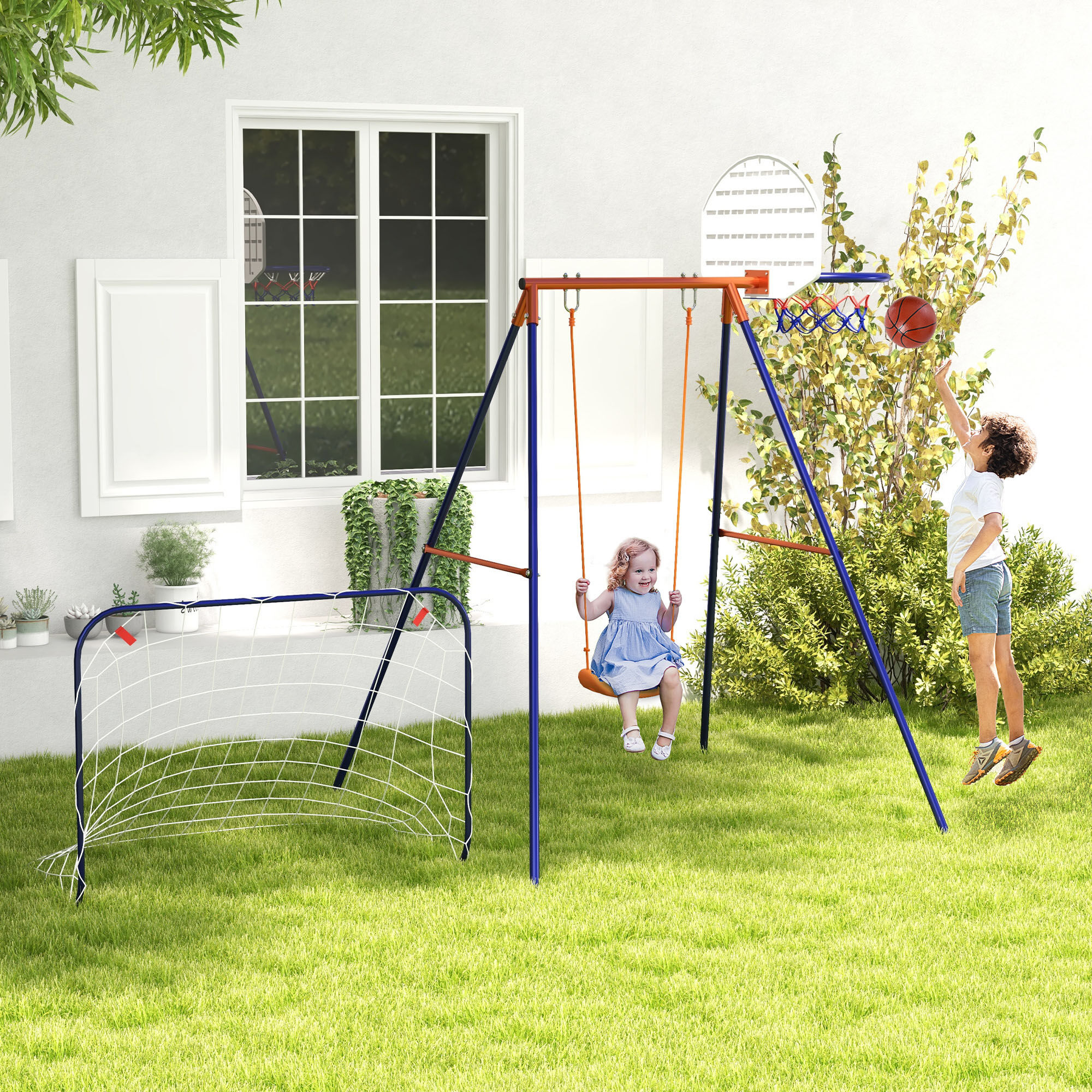 Outsunny Kids Swing Outdoor with Swing Seat, Basketball Hoop and Football Goal, Ground Stakes for 3-8 Years Old   Aosom Canada