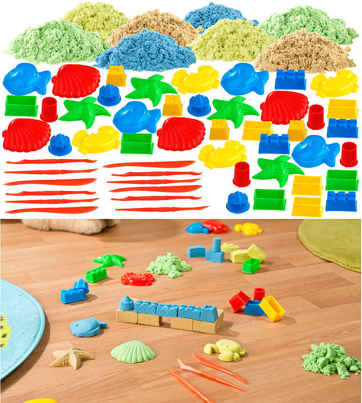 Playtastic Kinetischer Sand, 8x 300 g, bunt, mit Sand-Formen & Werkzeugen