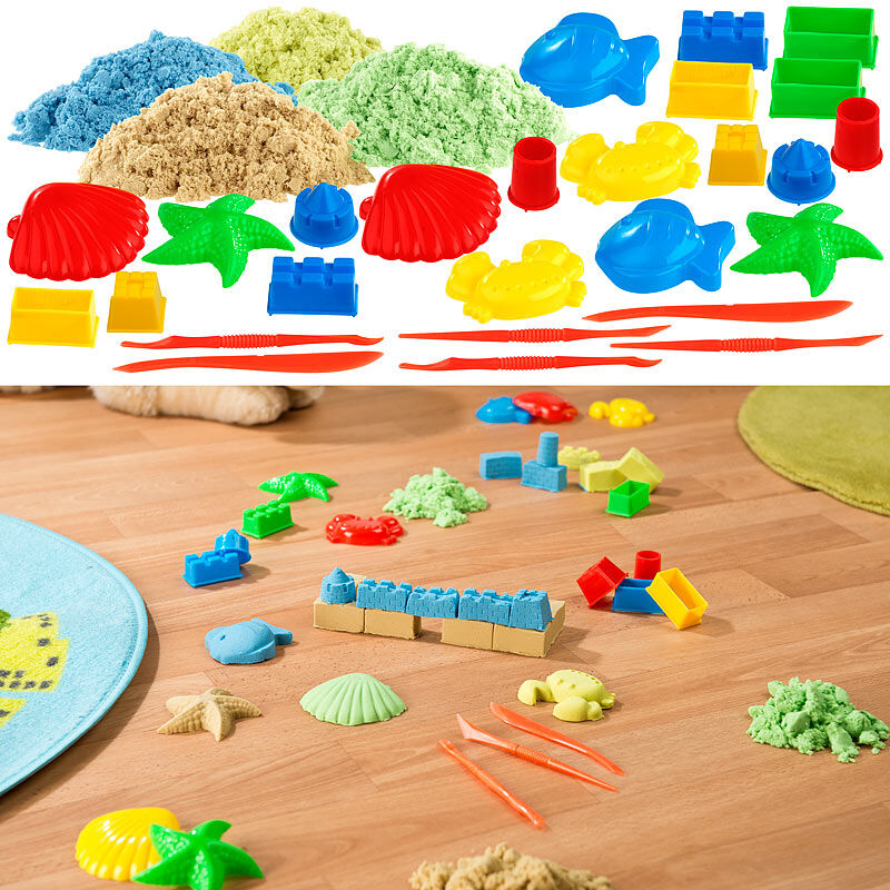 Playtastic 4er-Set kinetischer Sand, je 300 g, bunt, mit Sand-Formen und Werkzeug