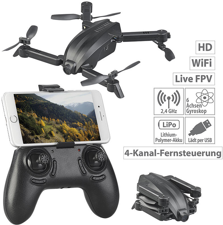 Simulus Faltbarer FPV-Mini-Quadrocopter mit HD-Cam, WLAN & App, 2,4 GHz, 50 m