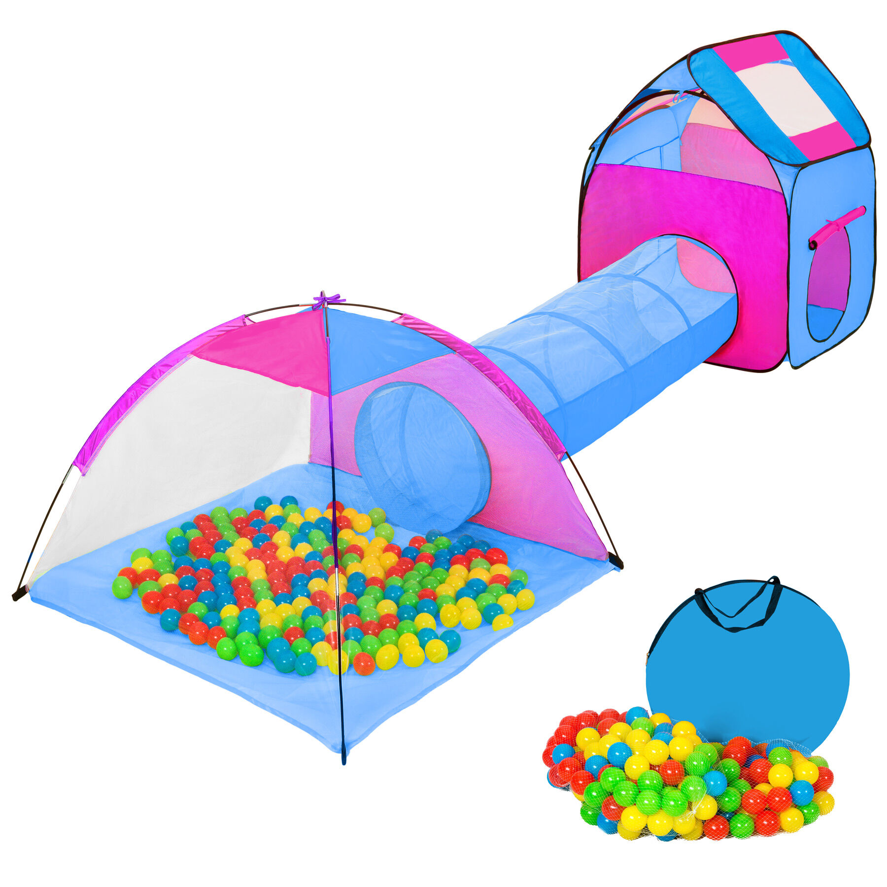 tectake Dětský stanový set se spojovacím tunelem s 200 míčky - modrá