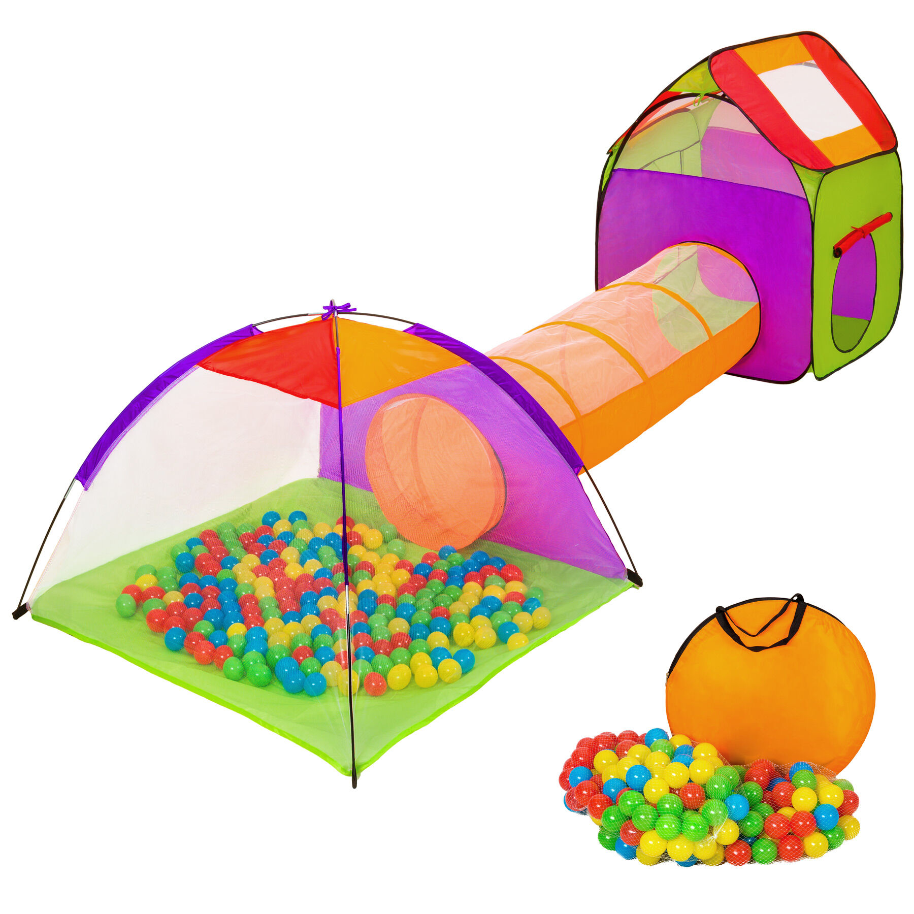 tectake Dětský stanový set se spojovacím tunelem s 200 míčky - barevná