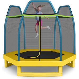 COSTWAY Trampoline Enfants 166cm avec Filet de Sécurité Respirant,36 Ressorts Protégés Structure Acier Galvanisé Tapis de Saut PP Jaune