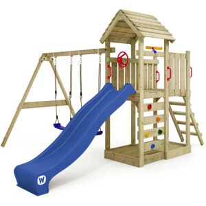 Spielturm Klettergerüst MultiFlyer Holzdach mit Schaukel & Rutsche, Kletterturm mit Holzdach, Sandkasten, Leiter & Spiel-Zubehör - blau - Wickey