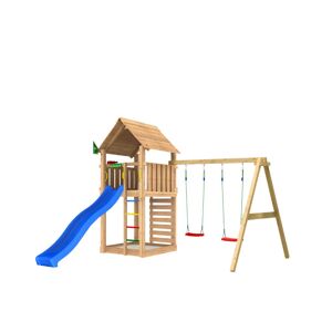Legetårn komplet Jungle Gym Cabin 2.1 inkl. Swing modul 120 kg sand og blå rutsjebane