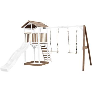 Beach Tower Aire de Jeux avec Toboggan en blanc, 2 Balançoires & Bac à Sable Grande Maison enfant extérieur en marron & blanc Cabane de Jeu en Bois FSC - Marron