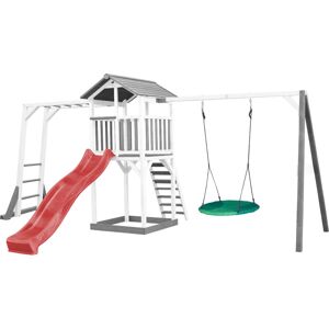 - Beach Tower Aire de Jeux avec Toboggan en Rouge, Cadre d'escalade, Balançoire Nid d'oiseau Vert & Bac à Sable Grande Maison Enfant extérieur en