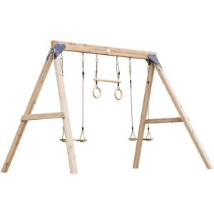 Maya Balançoire Double en Bois Marron avec Trapèze - Bois fsc - Balançoire autoportante avec 2 sièges de balançoire en bois - Portique pour enfants