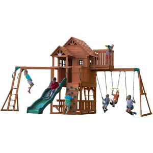 Backyard Discovery - Skyfort ii Aire de jeux en bois Aire de jeux Extérieur avec balançoire / toboggan / bac de sable / mur d'escalade / cadre - Publicité