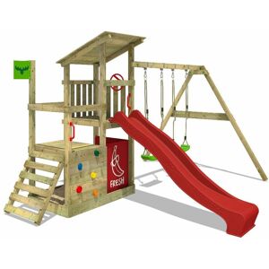 FATMOOSE Aire de jeux Portique bois FruityForest avec balançoire et toboggan rouge Maison enfant exterieur avec bac à sable, échelle d'escalade & - Publicité