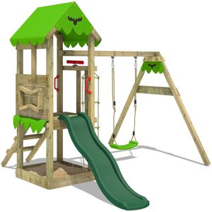 Aire de jeux Portique bois FriendlyFrenzy avec balançoire et toboggan Maison enfant exterieur avec bac à sable, échelle d'escalade & accessoires de jeux – vert - vert - Fatmoose - Publicité