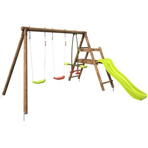 - Balançoire en bois traité 3 agrès et toboggan Figue - Marron