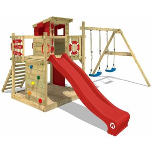 Wickey - Aire de jeux Portique bois Smart Camp avec balançoire et toboggan rouge Cabane enfant exterieur avec bac à sable, échelle d'escalade & accessoires de jeux - Publicité