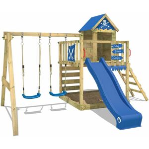 Wickey - Aire de jeux Portique bois Smart Cave avec balançoire et toboggan bleu Cabane enfant exterieur avec bac à sable, échelle d'escalade & accessoires de jeux - Publicité