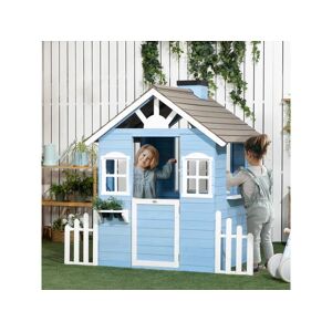 Outsunny Maison de jeux enfant - jeu plein air maisonnette enfant - dim. 151L x 112l x 142H cm - bois sapin bleu blanc gris