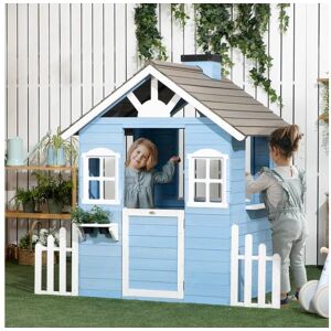 Outsunny Maison de jeux enfant - jeu plein air maisonnette enfant - dim. 151L x 112l x 142H cm - bois sapin bleu blanc gris