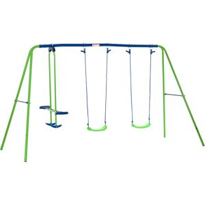 Outsunny Balançoire 3 agrès portique avec 2 balançoires et face à face métal époxy anticorrosion PE 2,8L x 1,4l x 1,78H m bleu vert