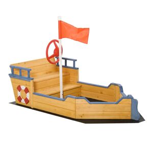 Outsunny Bac à sable forme de bateau pirate boîte à sable pour enfant gouvernail drapeau rouge 2 marches et espace de rangement