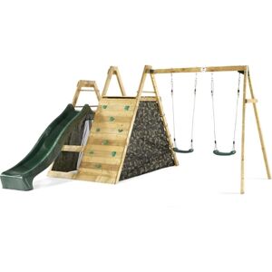 plum® Aire de jeu enfant escalade pyramide double balancoire bois