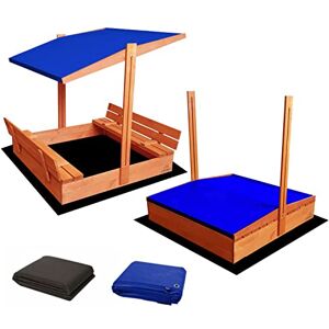 Ladanas ® bac à Sable Enfant en Bois fermé de 120 x 120 cm avec bancs-bac a Sable avec Couvercle- Bois de pin imprégné -bac à Sable avec Toit surbaissé -1 bâche de Protection 1 bâche Isolante- Bleu - Publicité