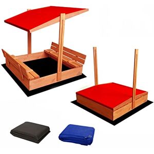 Ladanas ® bac à Sable Enfant en Bois fermé de 120 x 120 cm avec bancs-bac a Sable avec Couvercle- Bois de pin imprégné -bac à Sable avec Toit surbaissé -1 bâche de Protection 1 bâche Isolante Rouge - Publicité