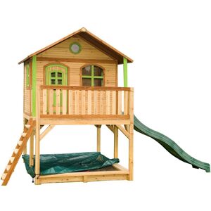 Axi Cabane enfant sur pilotis avec toboggan et bac à sable marc Beige 435x294x200cm