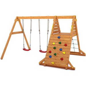 Fungoo Aire de jeux avec balancoire double et mur d'escalade en bois marron