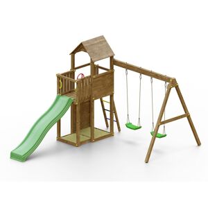 Fungoo Aire de jeux avec balancoire double et toboggan en bois marron