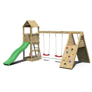 Fungoo Aire de jeux avec balancoire double et mur d'escalade en bois marron