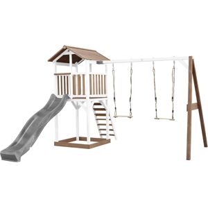 Axi Aire de jeux en bois blanc marron avec 2 balancoires et toboggan gris