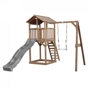 Axi Tour de jeu en bois marron avec grand toboggan gris et balancoire