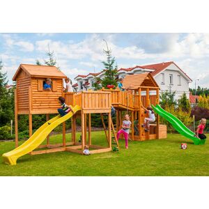 Fungoo Aire de Jeux en Bois de Pin Traité Cabane + 2 Toboggans Sized Plaza - Publicité