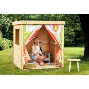 Cabane enfant en bois Soulet avec tissu imprimé – Rideau - Publicité