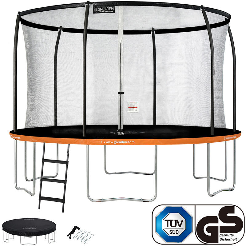 GREADEN Trampoline de jardin Rond Orange 360 avec Filet coussin de